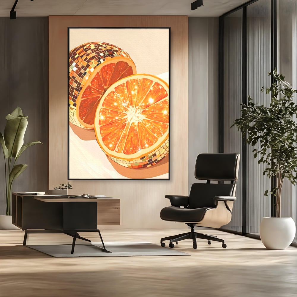 Tablou canvas cu ilustratie digitala cu felii de portocala si globuri disco, in rama de aluminiu negru, pe perete intr-un birou